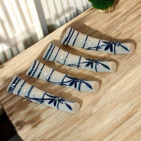 Japanese Chopstick Rests Hashioki Ceramic Bamboo Blue White Asian Set Of 4 - Picture 1 of 8